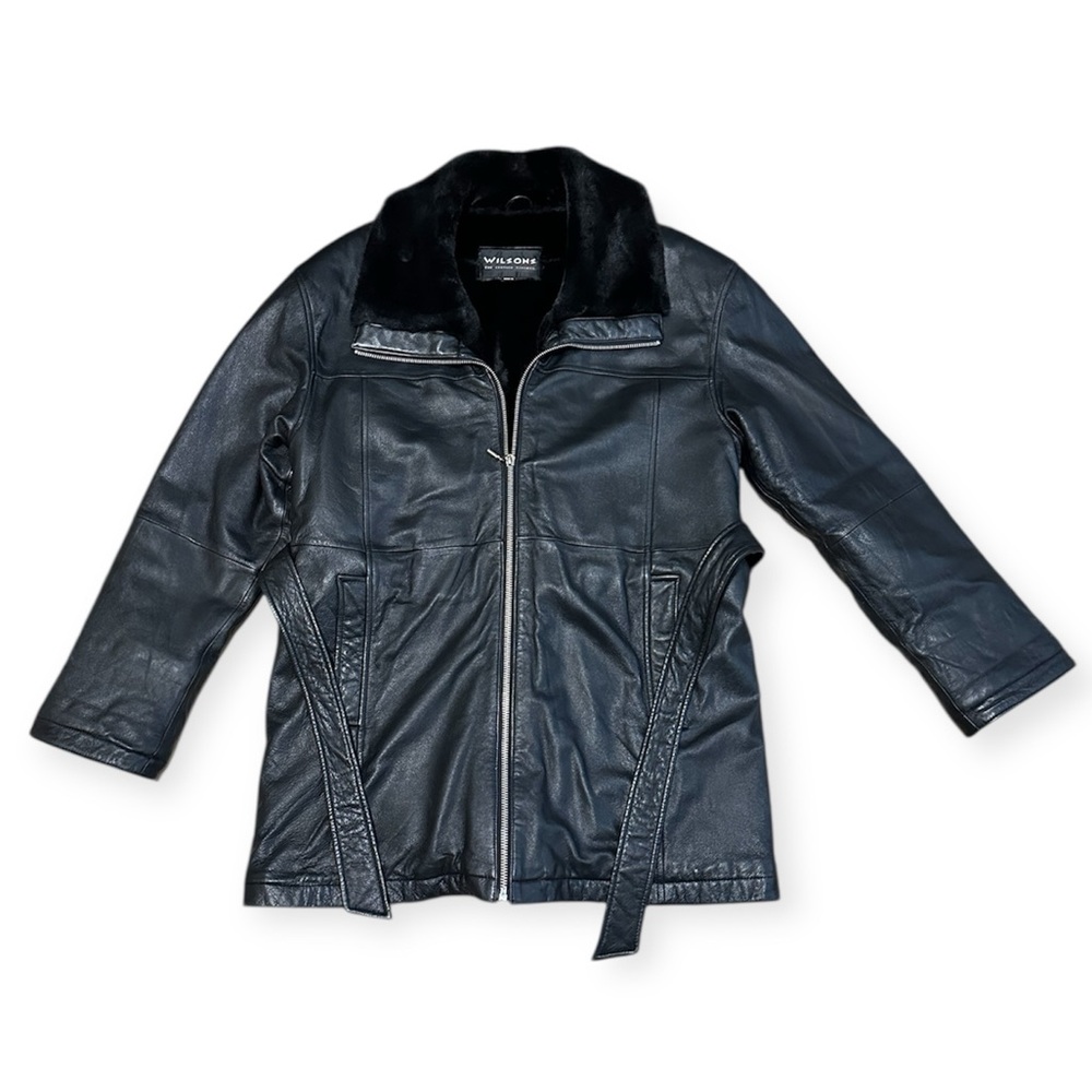 Vintage 90s / Y2K Wilsons Leather Jacket Black Faux Fur Collar Belt Women Medium